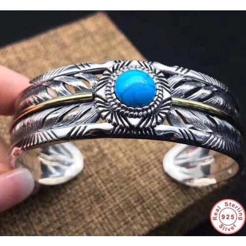 100% S925 sterling Thai silver colour Hollow out Ethnic Indian Style Inlaid Turquoise Bracelet Bangle Jewelry Men Women Bangle