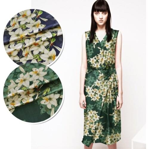 108CM Wide 19MM Beige Floral Jacquard Stretch Green Blue Silk Satin Fabric Good for Summer Dress Skirt Shirt Pants JH152