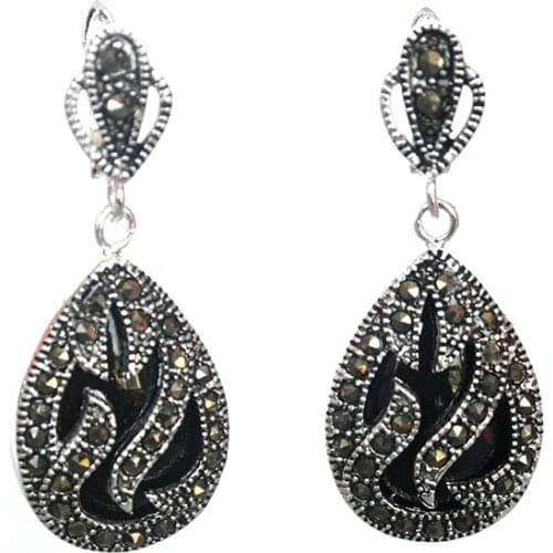 11/2" late trend 925 Silver & Marcasite inlay black stone Waterdrop Earrings 5.29 REAL Natural