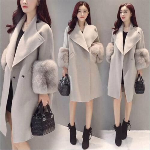 2020 New Womens Winter Warm Wool Coat Overcoat Fur Collar Jacket Long Trench Parka Solid Color Leisure Time Versatile