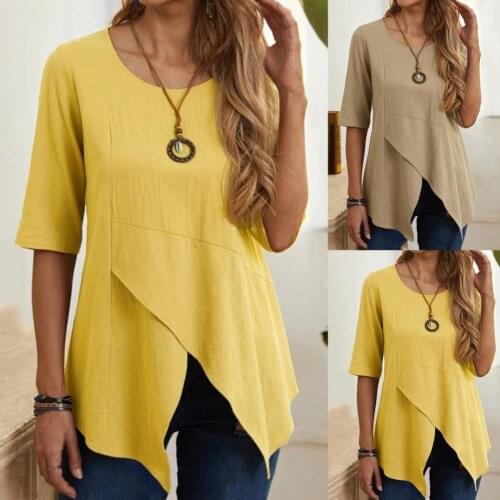 2021 New Simple Half Sleeve Irregular Hem Casual Thin Slim T-shirt Quick Drying O Neck Solid Color Women Blouse Pullover Top