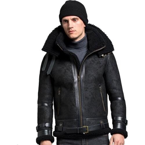 Double Collars Long Zipper Till the End of Collars Black Thicken Real Natural Shearling Fur Jacket Slim Genuine Leather