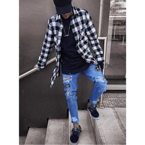 Mens Stylish Ripped Jeans Hip-Hop Biker Slim Straight Frayed Denim Trousers Badge Letters Skinny Jeans Young Man Jogging Pants