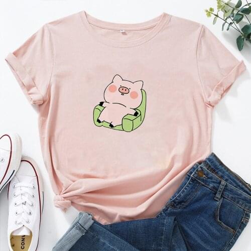 Cute Cartoon Pig Print Pattern T-shirt Women O-neck Loose Cotton Tee Shirt Femme Fashion Harajuku Short Sleeve Woman Tshirt Top