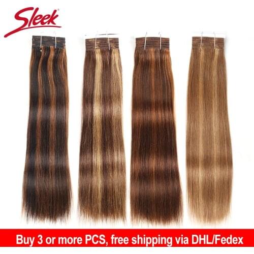 Sleek Double Drawn Brazilian Remy Human Hair Bundles 113g Yaki Straight Hair Weave #P4/30/27 Piano Color Brown Bundles Free Ship