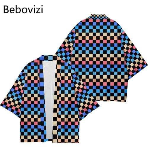 Kimono Robe Cardigan Men Shirts Yukata Haori Womens Clothing Plus Size 4XL 6xl Blue Checkerboard Street Fashion Beach Japanese