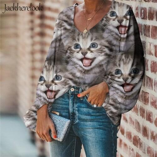 Jackherelook Plus Size Womens Tops Blouses Cute Cats Print V-neck Long Sleeve Office Woman Blouse Shirts Women Streetwear Blusas