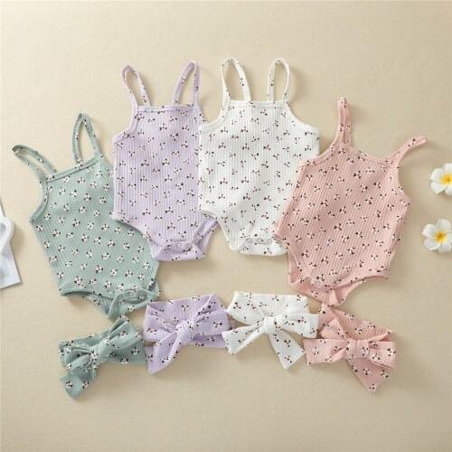 4 Color Summer 2Pcs Newborn Baby Girls Sets Toddlers Infant Creative Floral Print Sleeveless Suspender Romper + Bow Headwear