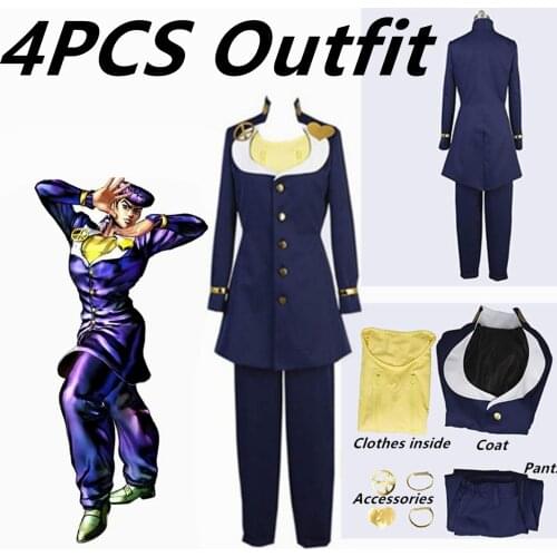 JoJos Bizarre Adventure Josuke Higashikata Cosplay Costume Blue Suit Uniform Party Carnival Halloween Costume Wig for Men Adult