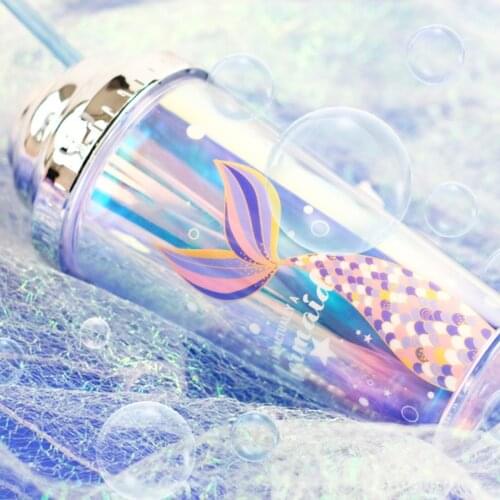 Summer Straw Cup with Sealing Cover, Double-Layer Reusable Tumbler Cup with Mermaid Patterns, BPA Free 2020 New Arrivals
