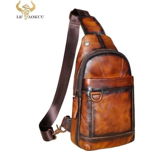 Hot Sale Men Crazy Horse Leather Casual Fashion Orange Triangle Chest Sling Bag Design One Shoulder Crossbody Tea Bag Male 8016