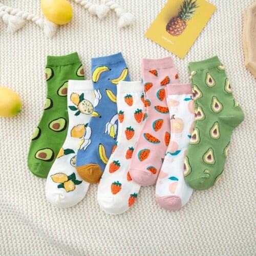 New Spring Autumn Kawaii Cartoon Fruit Print Socks For Women Cute Watermelon Strawberry Avocado Harajuku Funny Casual Socks