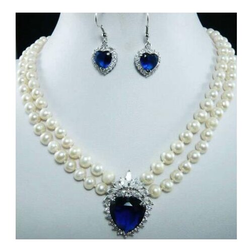 Fashion 7-8mm Natural Freshwater White Pearl Blue Crystal Pendant Necklace + Earrings
