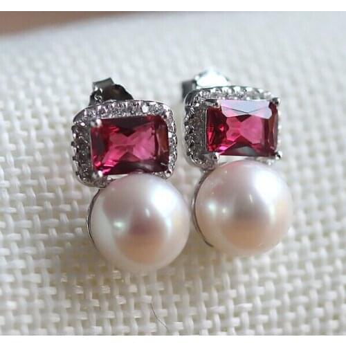 Freshwater 8-9mm circle / oblate red gems paragraph Pearl Earrings