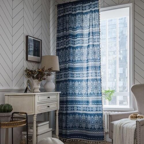 Blue Curtain With Tassel Cotton Finished Curtains For Living Room Blinds French Windows Door Curtain Semi Blackout