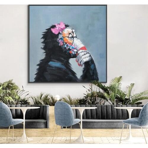 YQ Abstract Hand Painted Black Monkey With Pink Bow Tie Oil Painting On Canvas Handmade Animal Wall Art For Home Decoration