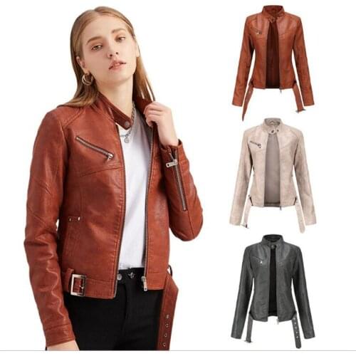 Fashion European Size Women/Girl Faux Leather PU Adjustable Waist Zipper Motorcycle Jacket Korean Version Elegant Slim Outerwear
