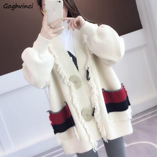 Women Sweaters Cardigans Tassel Thicken Knit Loose Korean Style Womens Outwear 5-colors Patchwork Pockets Autumn Winter Chic New
