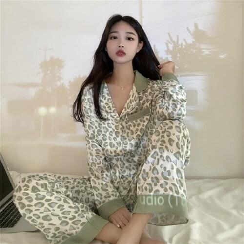 Pajama Womens Set Autumn 2021 New Korean Turn-down Collar Sexy Long Leopard Print Home Wear Two Piece Set