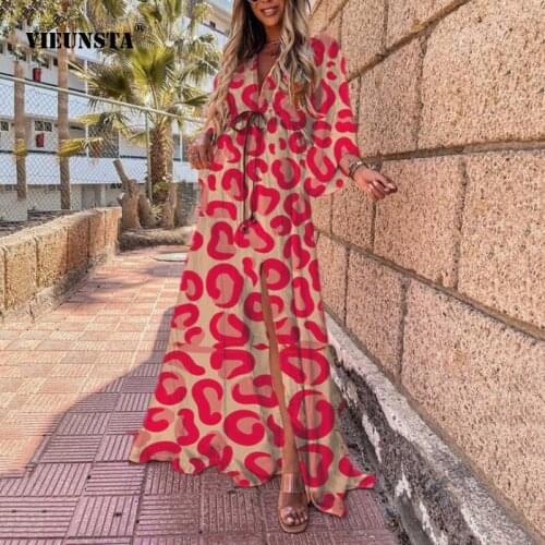 Elegant V-neck Long Sleeve Womens 2021 Spring Autumn Maxi Dress Bandage Flowers Leopard Printing Sexy Split Fork Dress Vestido