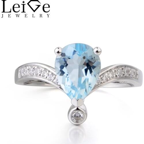 Leige Jewelry Promise Ring Natural Blue Aquamarine Ring Pear Cut Gemstone March Birthstone Gems 925 Sterling Silver Ring for Her