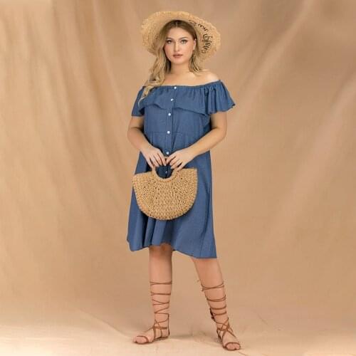 Plus Size Summer Dress Sexy Solid Off Shoulder Ruffle Short Sleeve Dresses Single Breasted Loose Waist Blue Denim A Line Dress