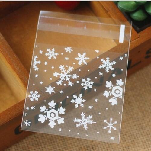100pcs Transparent Snowflake Plastic Bag Self-adhesive Christmas Food Packing Clear Cellophane Bag Biscuit Candy Cookies Bag