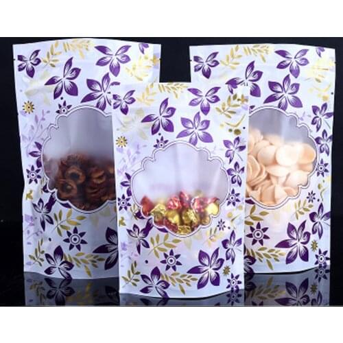 100Pcs Purple Zipper Bag Stand Up Plastic Food Packaging Zip Lock Doypack Polybags Clear Window Resealable Dried Fruits Candy