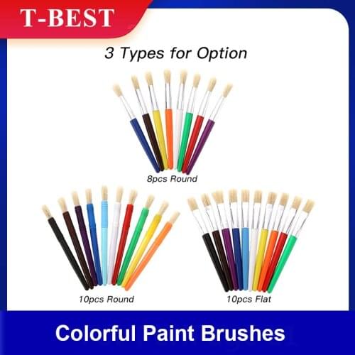 10pcs Round Tip Colorful Paint Brushes Set Hog Bristle Hair Chubby Plastic Handle Paintbrush Easy to Clean Art Supplies Gift