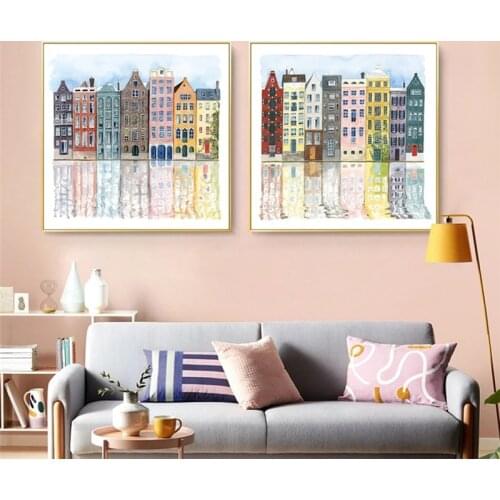 Watercolor wall canvas painting poster of old colorful building print living room art wall picture