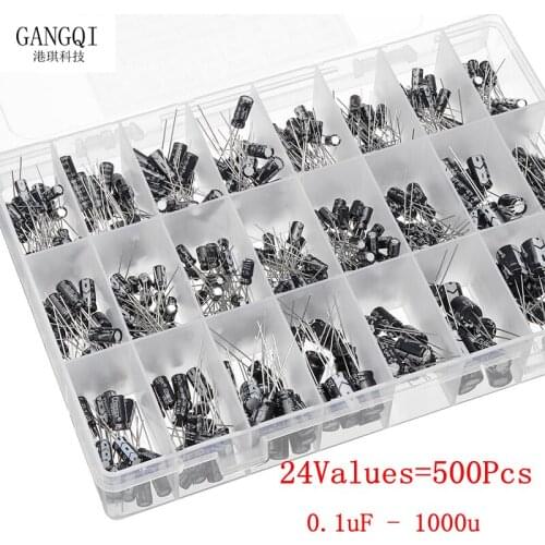 500Pcs/lot 0.1UF-1000UF 24Values Aluminum Electrolytic Capacitors 16-50V mix Electrolytic capacitor Assorted kit and storage box
