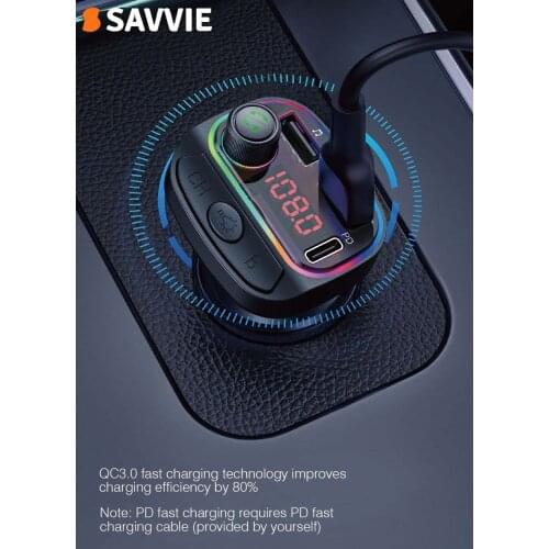 Savvie Car MP3 Player Bluetooth 5.0 Kit FM Transmitter PD18W + QC3.0 Dual USB Fast Charge Colourful Light suit all Phones Tablet