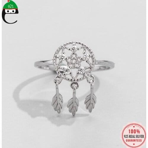 ElfoPlataSi 925 Sterling Silver Fashion Star Feather tassels Cocktail Opening Ring For Women Wedding Jewelry Gift DD1039