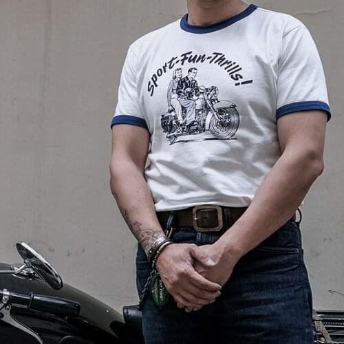 Non Stock Retro Rider Blue Patchwork Locomotive Motorcycle Short Sleeve T-Shirt Mens 100% Cotton Crew Neck T-Shirts