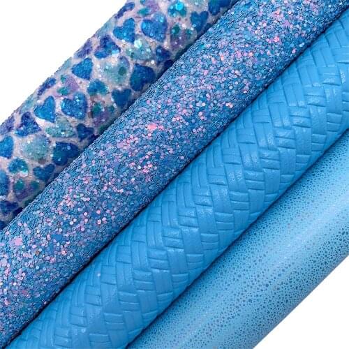 Blue Chunky Glitter leather,Hearts Printed Glitter Faux Leather, Weave Synthetic Leather For Bow A4 21x29CM Twinkling Ming XM683