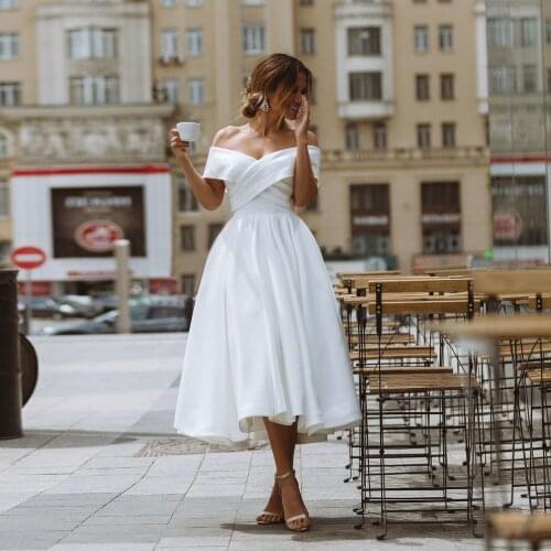 White/ Ivory Tea Length Short Wedding Dress Plus Size Off the Shoulder V Neck A-line Satin Bridal Wedding Gown Vestido De Novia