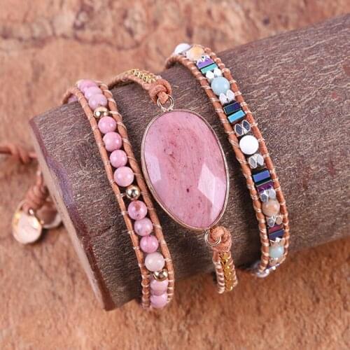 Leather Wrapped Bracelet Stone Multicolor Natural Bead Tiger Bard Weaving Presentation Art Bracelet Gift