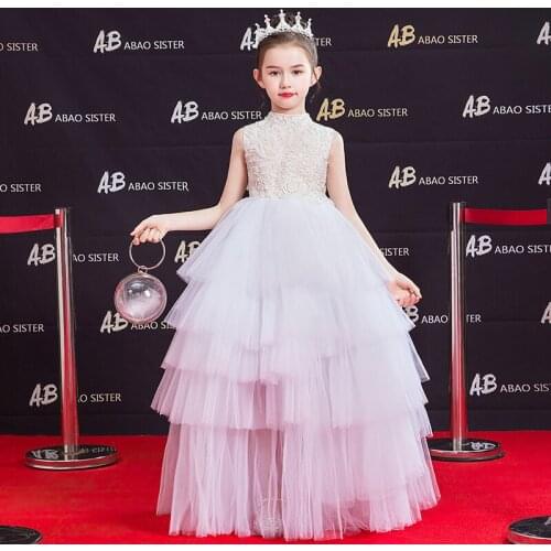 Lucury Flower Girls Dresses Princess O-Neck Lace Ball Gown Tiered Floor-Length Sleeveless Bow Embroidery Kid Party Dress D220