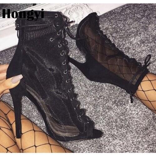 Hongyi Fashion designer summer shoes mesh ankle boots Open toe zip booties women sexy Lace Up perspex high heels shoes