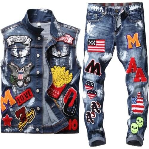 Mens Jeans Suit Washed Embroidered Paint Sets Skull Cowboy Vest + Small Straight Flag Badge Slim Jeans Street Style 2 Piece Set