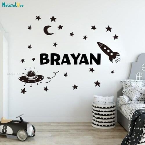Space Write Your Name Wall Decal Outer Wall Decals Rocket Ship Astronaut Decor Kids Bbay Room Vinyl Murals YT2797