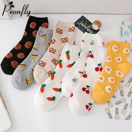 PEONFLY Cute Fashion Soft Novelty Cotton Women Socks Rabbit Carrot Pizza Colorful Happy Kawaii Funny Socks For Girl Gift