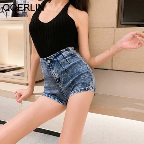 QOERLIN Vintage High Stretch Skinny Denim Shorts Sexy High Waist Tight Hip Plus Size Black Jeans Shorts Women Korean Style S-L
