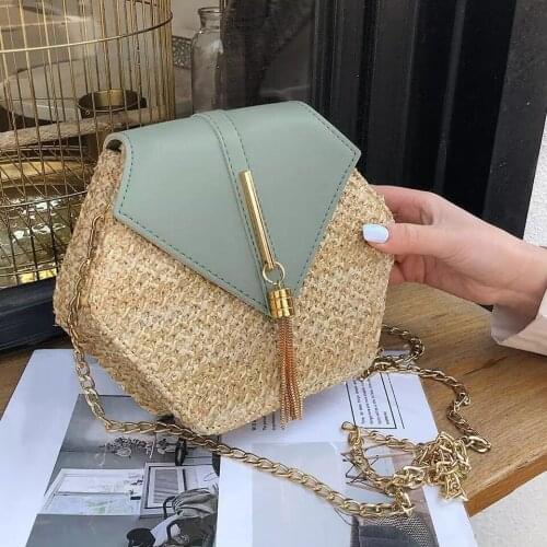Hexagon Style Shoulder Bag Straw+pu Bag Handbags Women Summer Rattan Bag Handmade Woven Beach bolsa feminina