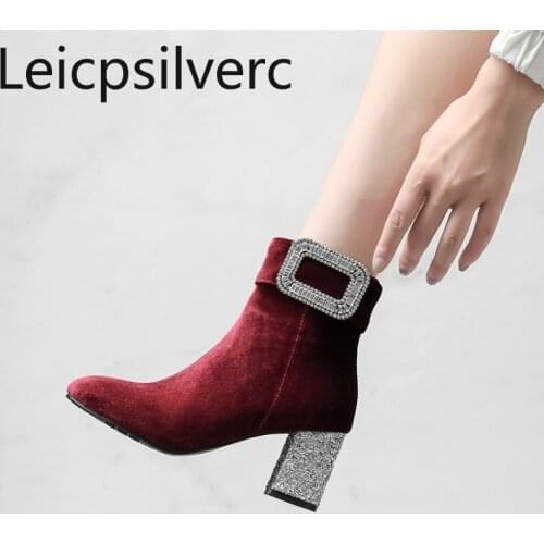 Womens Boots New winter fashion Square head Sequin zipper High heel Ankle boots Womens shoes plus size 32-43 Heel Height 7cm