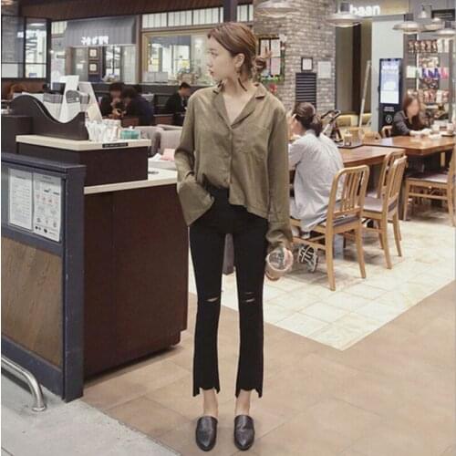 Women Comfy High Waist Irregular Stretch Tight-fitting Jeans Hole Pants Solid Color Slim Long Trousers 2020