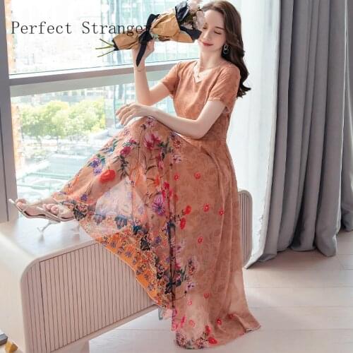 High Quality 2021 Summer Dress For Women V Collar Floral Printed Short Sleeve Women Chiffon Long Dress