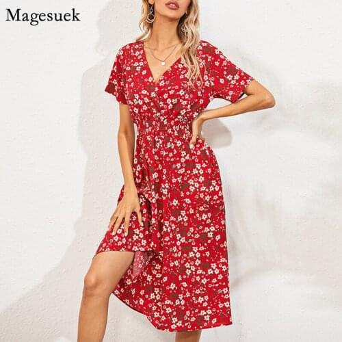 Red Floral Printed Summer Chiffon Dress Women Casual V-neck Short Sleeve Beach Dress A-line Women Midi Dresses Vestidos 14872