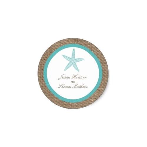 3.8cm Turquoise Starfish Burlap Beach Wedding Collection Classic Round Sticker