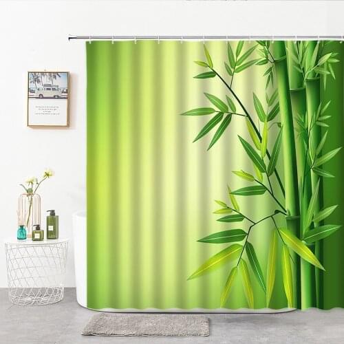 Green Plant Bamboo Shower Curtain Bathroom Decor Bath Curtain Polyester 3D Printed Ink Bamboo Printing Bath Screen With Hooks